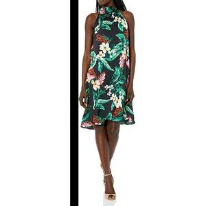 NWT $99 NINE WEST HALTER NECKLINE  BOW TIE TRAPEZE BLACK COMBO DRESS SZ 14